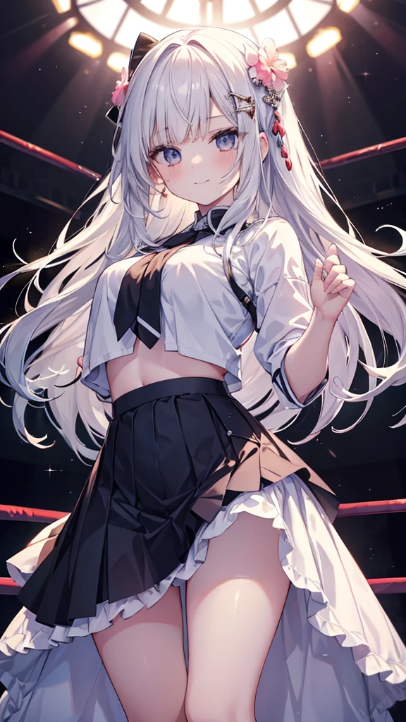 Cute girl with skirt belly punch in the corner of the ring,((masterpiece)),long hair,beautiful white skin、 ((charming))、happy smile、perfect proportions、(((Kickboxing)))、(((Mixed wrestling))), cute woman, , BREAK source_anime, high detail, looking at viewer,POV, large chest, best quality, highly detailed, young face, white background,Droopy eyes, Calm face,A relaxed face,she attacks,frilly skirt,heart hair ornament