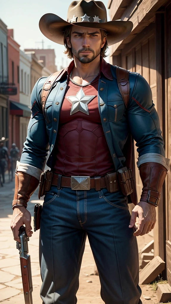Captain America from Marvel movie in Wild West style, wearing blue Cowboy lather clothes, Cowboy hat and bring a pistol, in cowboy city, cinematic, extremely realistic, extreme detailed, extremely sharp, super high resolution images, best quality photo,