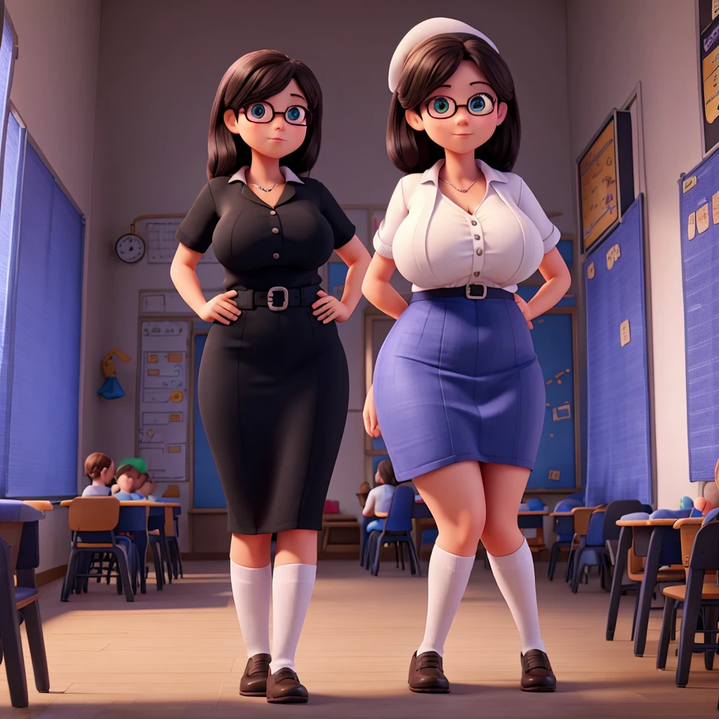 Kindergarten teacher with giant breasts teaching her students wearing black light clothing
