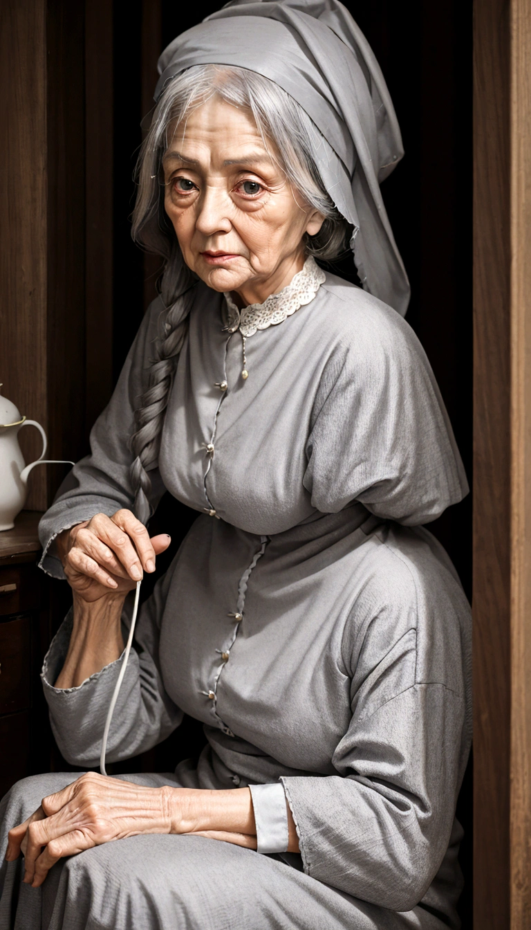 (old woman:1.4), Grey long hair, Stern face, housewife, Auntie style.