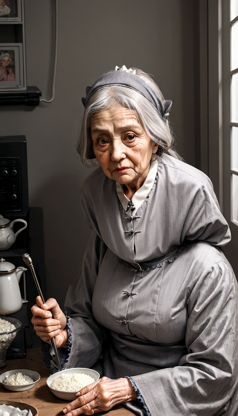 (old woman:1.4), Grey long hair, Stern face, housewife, Auntie style.