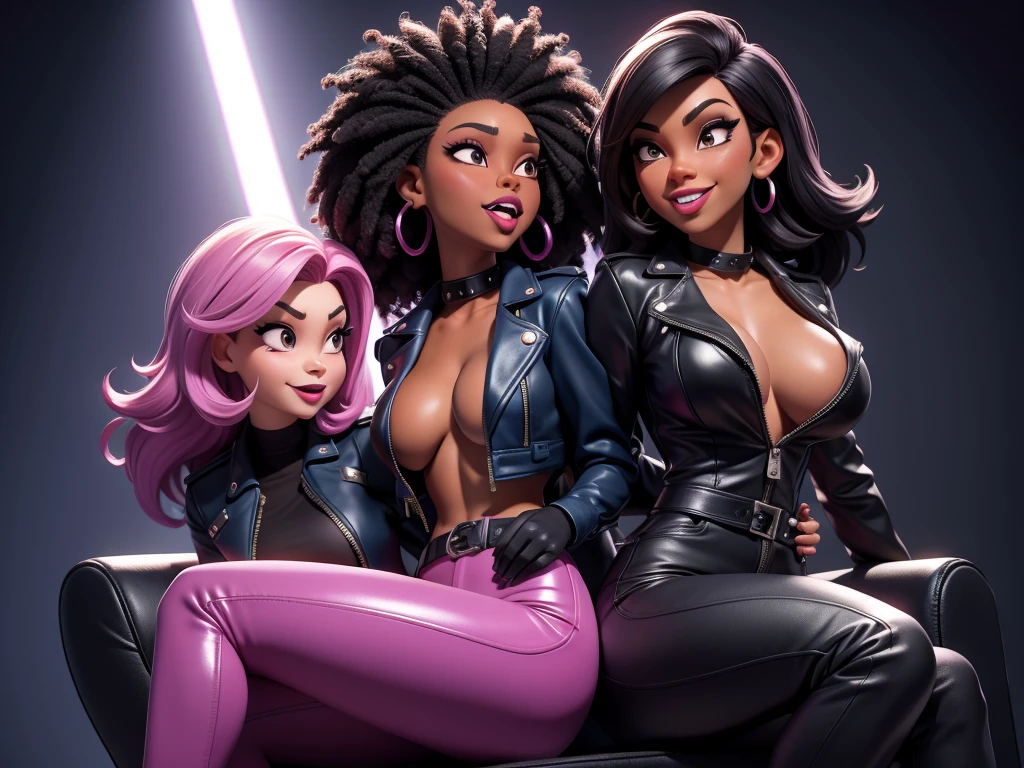 obra prima, melhor qualidade, ((harris faulkner, dark skin, bushy black afro style hair,)) head back, sassy wicked, open mouth, ((big teeth smile, shiny periwinkle lipstick,)) sunglasses, thick smoky black eye shadow, long fake eyelashes, sticking tongue out, (cerulean blue leather jacket with bob shoulder,) biker jacket has stiff collar, leather blouse, magenta pvc skinny pants, studs zippers snaps, shiny leather gloves, nip slip, body is skinny, laying down hugging each other on sofa, shiny tight buttocks, arched back, mashing breasts, ((passionate kissing,)) camera view of whole body, looking up at me, shallow depth of field, highres, HD, 8k, anatomically correct