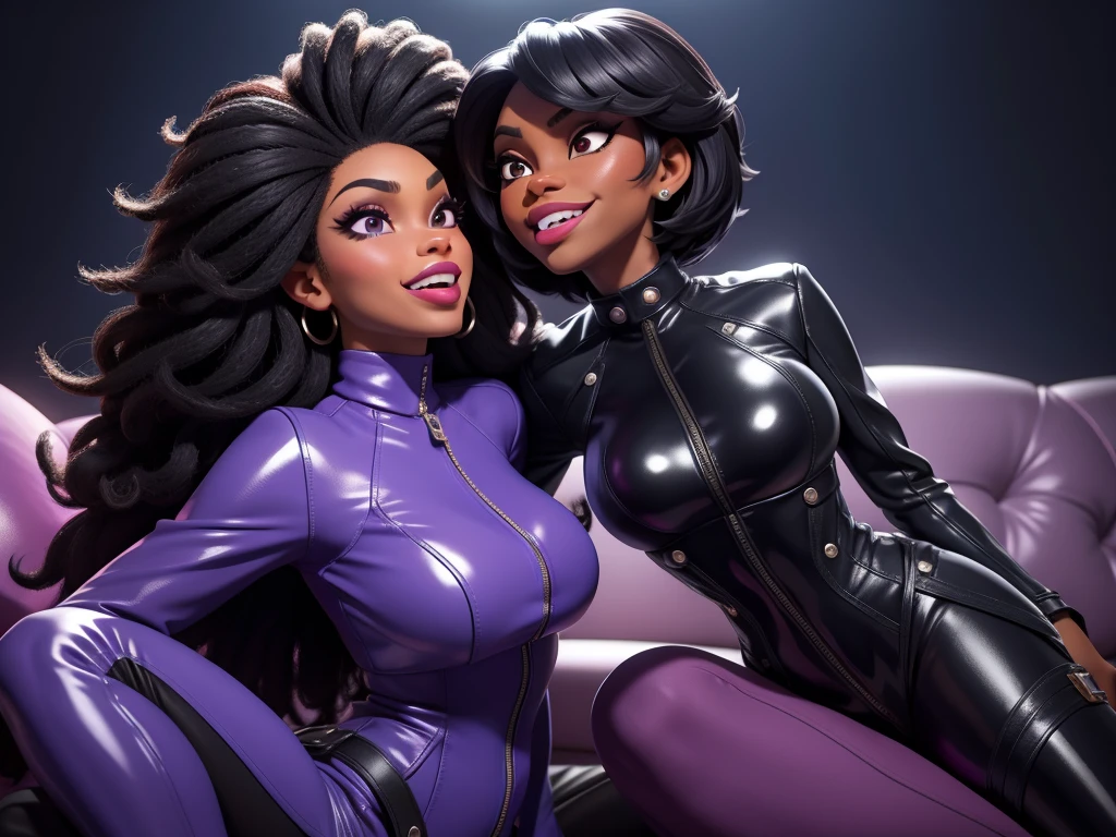 obra prima, melhor qualidade, ((harris faulkner, dark skin, bushy black afro style hair,)) head back, sassy wicked, open mouth, ((big teeth smile, shiny periwinkle lipstick,)) sunglasses, thick smoky black eye shadow, long fake eyelashes, sticking tongue out, (cerulean blue leather jacket with bob shoulder,) biker jacket has stiff collar, leather blouse, magenta pvc skinny pants, studs zippers snaps, shiny leather gloves, nip slip, body is skinny, laying down hugging each other on sofa, shiny tight buttocks, arched back, mashing breasts, ((passionate kissing,)) camera view of whole body, looking up at me, shallow depth of field, highres, HD, 8k, anatomically correct