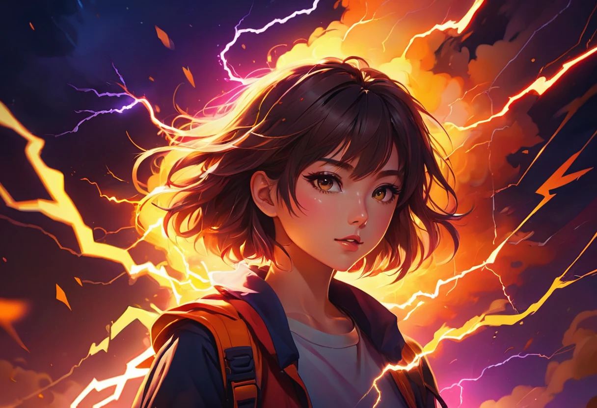 digital painting, Warm colors, glowing effects in the background, glow effects, colorful, cute style, anime style, Abstraction, lightning effects, No characters, no characters,