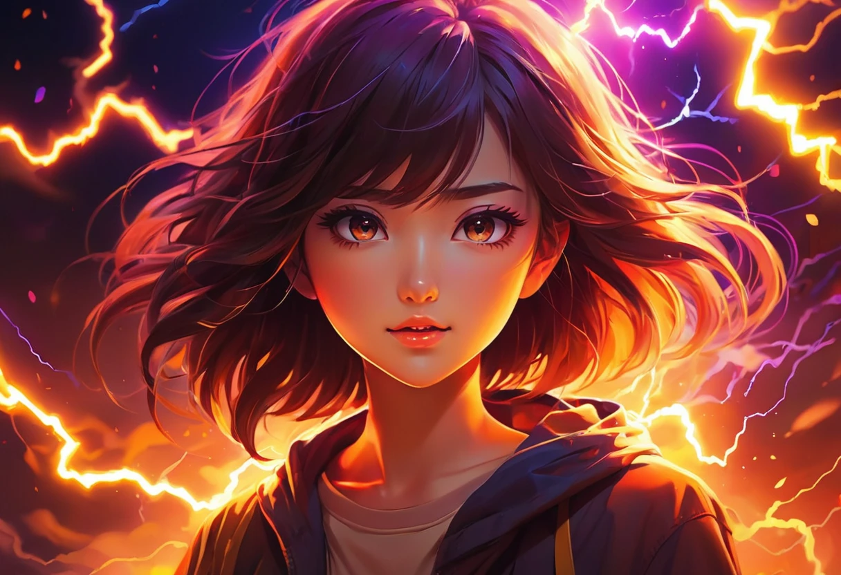 digital painting, Warm colors, glowing effects in the background, glow effects, colorful, cute style, anime style, Abstraction, lightning effects, No characters, no characters,