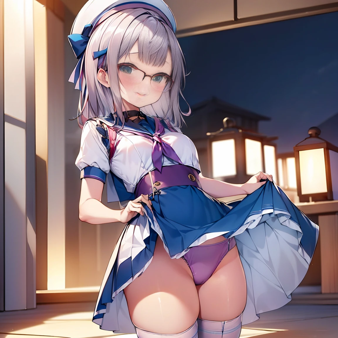 8K、masterpiece、Japanese、Woman wearing glasses、Neon(nod)、from the front、smile、Childish、Small breasts、See-through underwear、night、Bedroom、Show your underwear、mini skirt