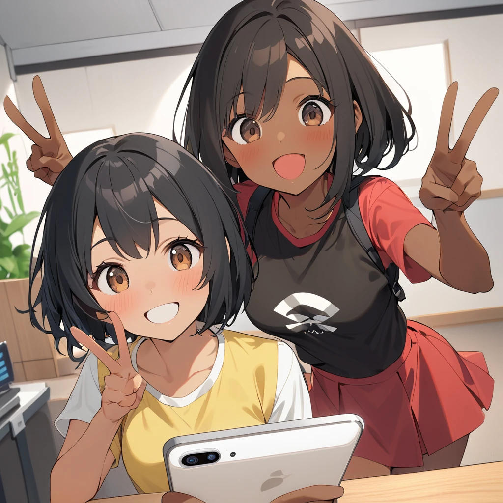 A confident smile, They are jumping in unison,短いBlack Hair, Brown eyes,Brown Skin,two students demonstrating a gesture commonly associated with a peace sign while speaking by tele食事, skirt, Black Hair, indoor, smartphone, shirt, ((((complete fiでe fingers))))