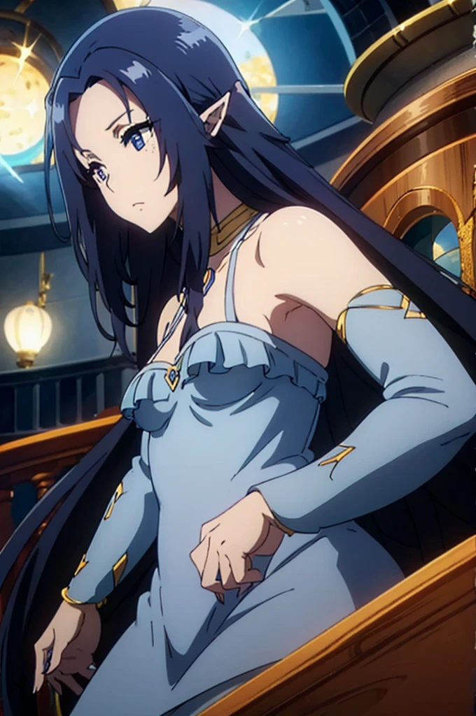 ((dark blue hair,,long hair,blue eyes)),pointy ears,elf,,dress