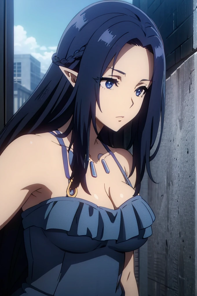 ((dark blue hair,,long hair,blue eyes)),pointy ears,elf,,dress
