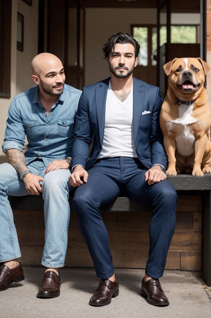Image of a man sitting with two dogs next to him, a pitbull and a Pekingese, one on each side