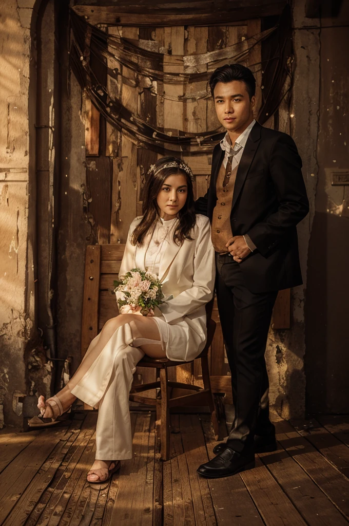 there is a man and woman posing for a picture in a garden , wedding photo, couples portrait