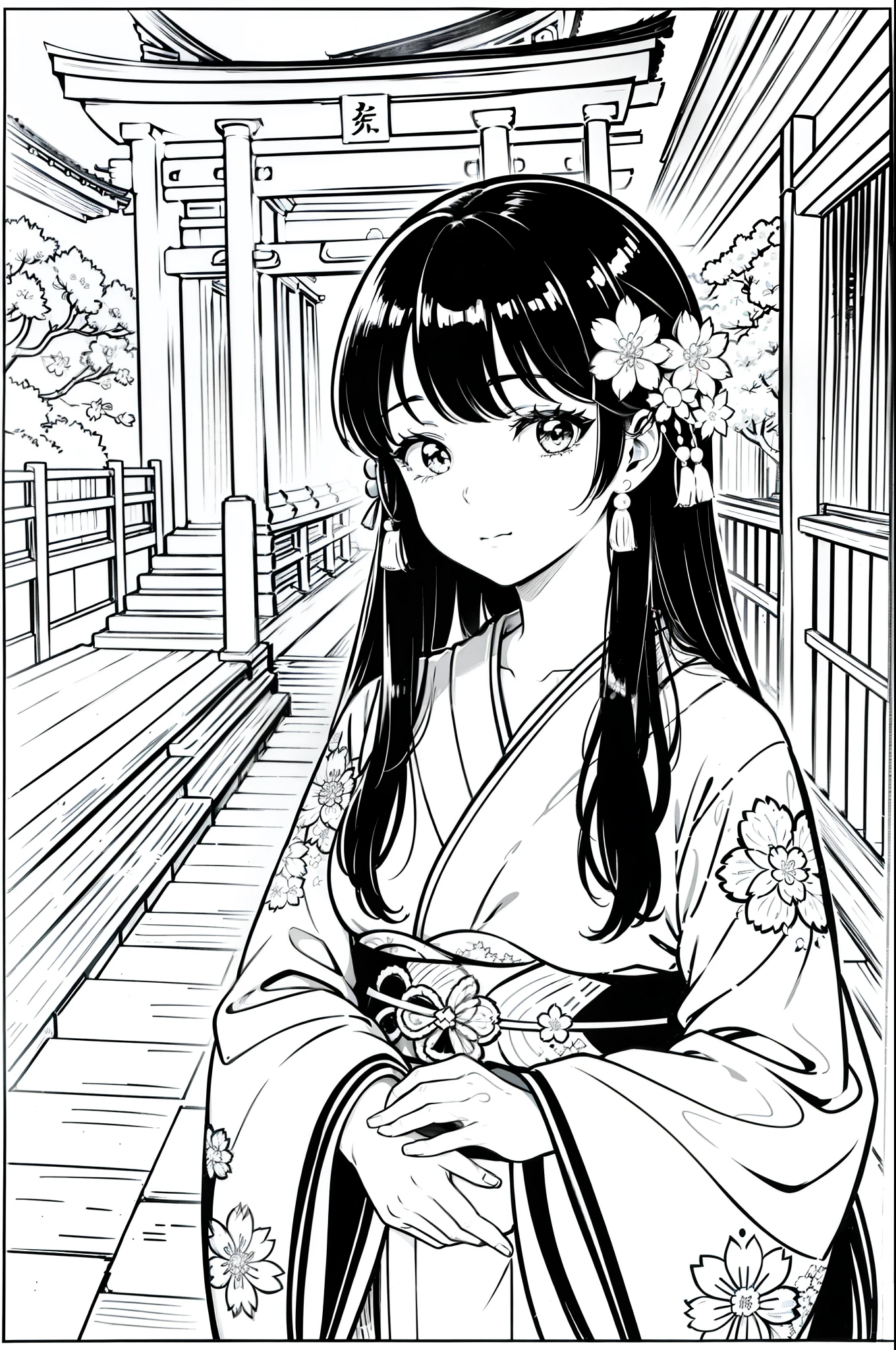 As a coloring book, the color should be black and white, the border should be simple, clear, and bold. [Girl with long black hair] wearing a [kimono with cherry blossom pattern] visiting [Kiyomizu-dera temple] in Kyoto, Japan, with [sakura hair ornaments]