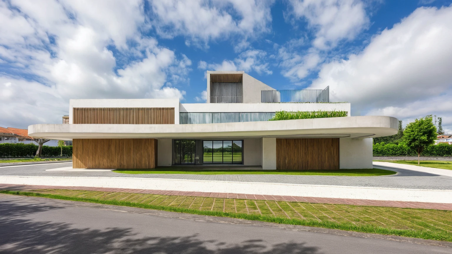 Raw photo,Masterpiece, high quality, best quality, authentic, super detail,
outdoors, house style modern,bietthuhn, white wall, glass windows, gate
road,pavement, grass, trees, sky, cloud, (day:1.1),