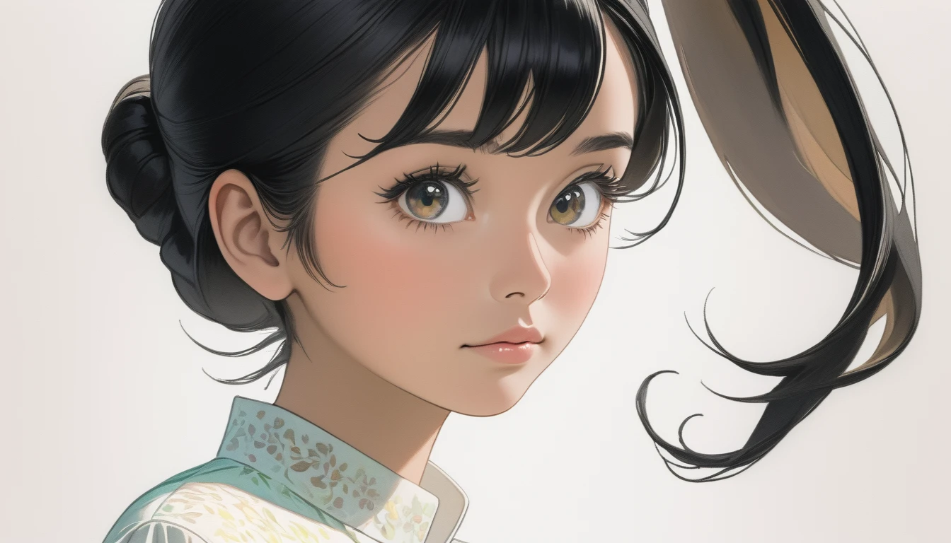 A 25-year-old black-haired Malaysian woman looks up from behind. White background, hair tied above the neck. Colored pencil drawing. white blouse. From head to toe. Whole body.