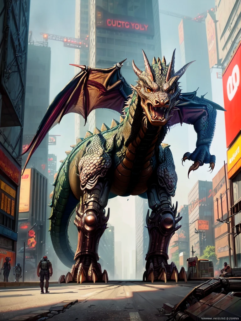 A realistic mechanical dragon destroys the city, dystopia, end of the century, future city, cyberpunk, steampunk, 8k, HD, detailed,