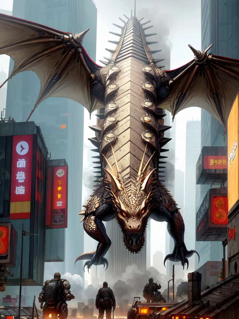 A realistic mechanical dragon destroys the city, dystopia, end of the century, future city, cyberpunk, steampunk, 8k, HD, detailed,