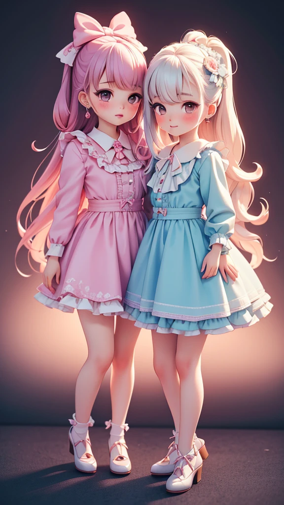 ((yuri, 2 girls)), (kawaii cute face), (petite bishojo), (puffy eyes), (masterpiece), (top quality), (hyper detailed), (super detailed skin), (8k), (crisp), (depth), (exquisite), (beautiful and aesthetic), (high standard), (high resolution), (perfect anatomy), (realistic), (full body), (nose blush), (earring), (lipstick), (classical lolita)