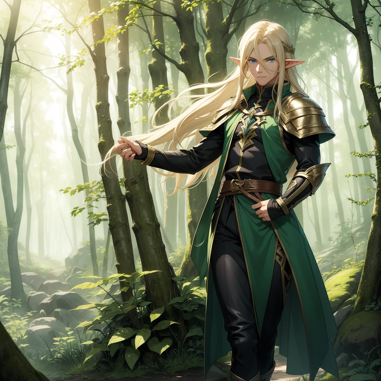 A male elf that possesses flowing blonde hair and striking blue eyes, typical of his elven heritage. He dresses in supple, forest-green leather armor crafted for agility and stealth, complemented by dark trousers and sturdy boots that allow him to move swiftly through the dense underbrush of Evershade Forest.