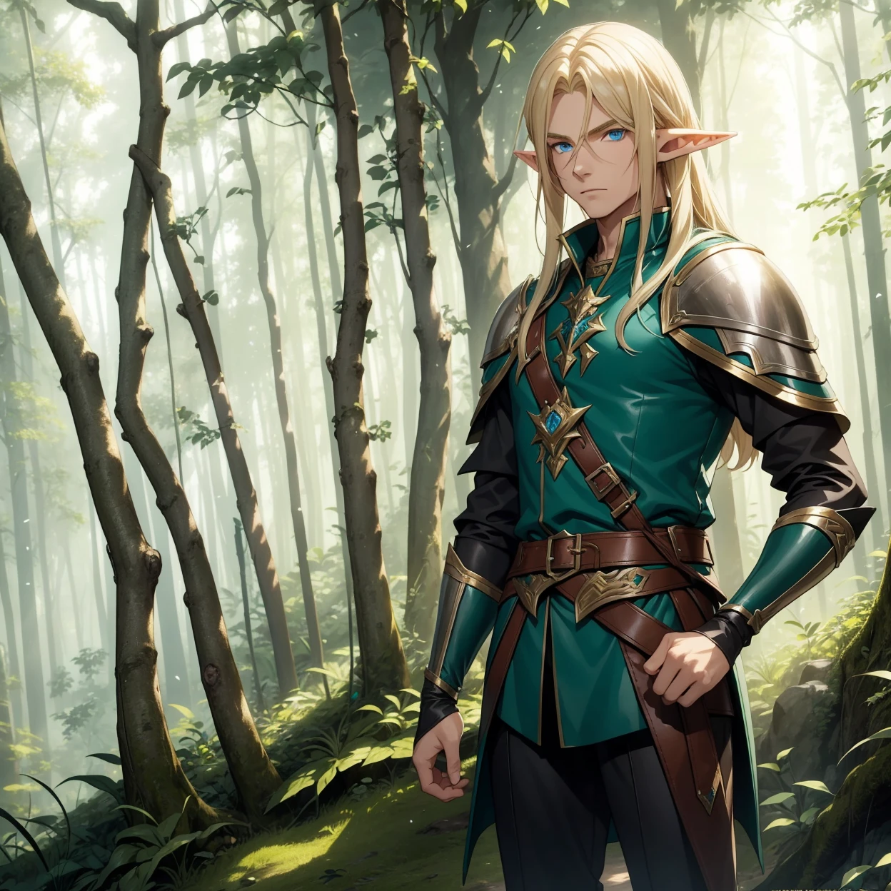 A male elf that possesses flowing blonde hair and striking blue eyes, typical of his elven heritage. He dresses in supple, forest-green leather armor crafted for agility and stealth, complemented by dark trousers and sturdy boots that allow him to move swiftly through the dense underbrush of Evershade Forest.