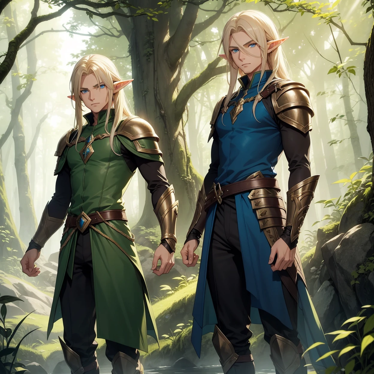 A male elf that possesses flowing blonde hair and striking blue eyes, typical of his elven heritage. He dresses in supple, forest-green leather armor crafted for agility and stealth, complemented by dark trousers and sturdy boots that allow him to move swiftly through the dense underbrush of Evershade Forest.