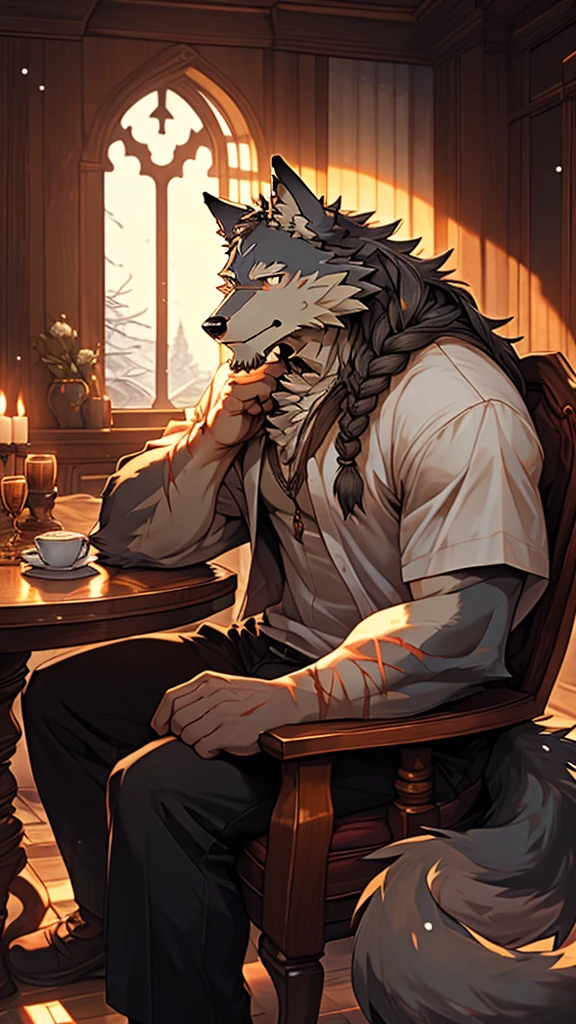 (masterpiece), (photorealistic:1.4), (1boy), (detailed face:1.2), (wolf male:1.5), (old), (aged), (retired), (muscular build), (gray fur:1.3), (long white beard), (long white braided hair), (loose shirt), (sitting), (resting), (calm expression), (peaceful eyes), (many scars), (scar on face), (scar on body), (indoors), (warm atmosphere), (cold northern region), (room), (chair), (table), (cup), (fireplace), (fire), (window), (snow outside), (winter), (night), (dim lighting), (cinematic lighting)