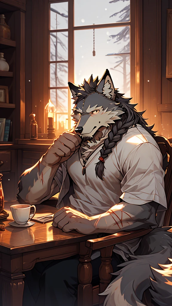 (masterpiece), (photorealistic:1.4), (1boy), (detailed face:1.2), (wolf male:1.5), (old), (aged), (retired), (muscular build), (gray fur:1.3), (long white beard), (long white braided hair), (loose shirt), (sitting), (resting), (calm expression), (peaceful eyes), (many scars), (scar on face), (scar on body), (indoors), (warm atmosphere), (cold northern region), (room), (chair), (table), (cup), (fireplace), (fire), (window), (snow outside), (winter), (night), (dim lighting), (cinematic lighting)