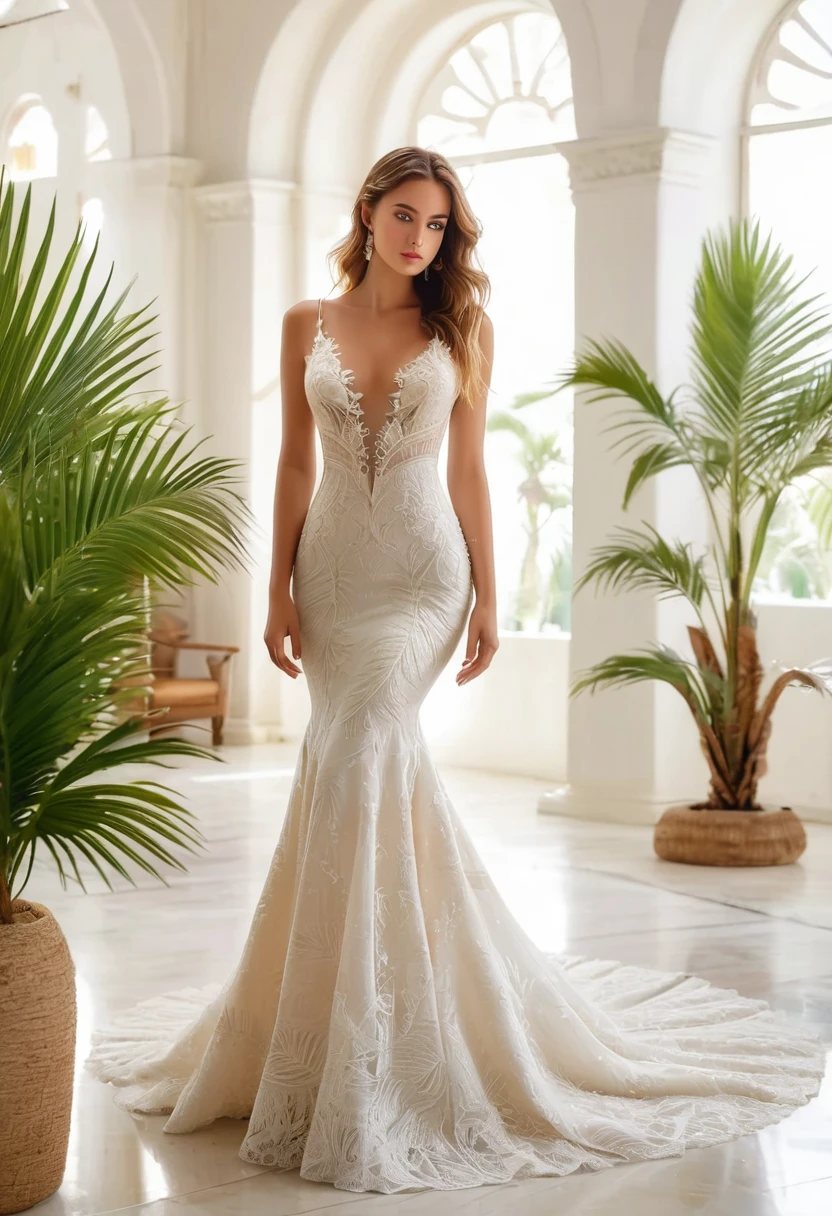 Top quality, Masterpiece, hyper HD, (Photorealistic: 1.4), RAW photo, 1girl，solo，Fashion model，Wearing a white mermaid wedding dress， v-neck dress style, Lace material, long tail, full body, in white room with indoor decorative palm tree，Stand upright and look straight.
