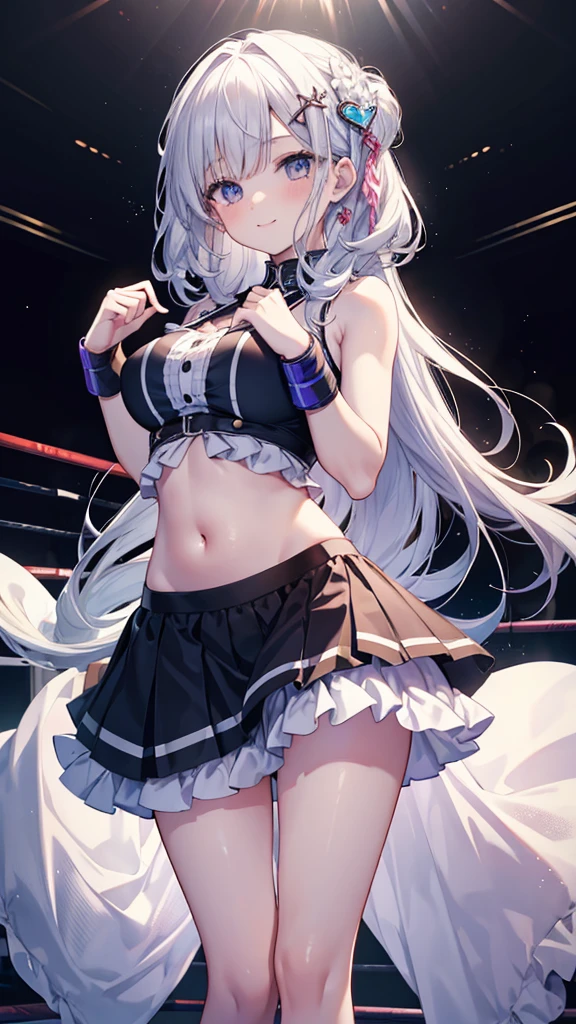 Cute  girl with skirt belly punch in the corner of the ring,((masterpiece)),long hair,beautiful white skin、 ((charming))、happy smile、perfect proportions、(((Kickboxing)))、(((Mixed wrestling))), cute woman, baby face, BREAK source_anime, high detail, looking at viewer,POV, large chest, best quality, highly detailed, young face, white background,Droopy eyes,relaxed face,she attacks,frilly skirt,heart hair ornament