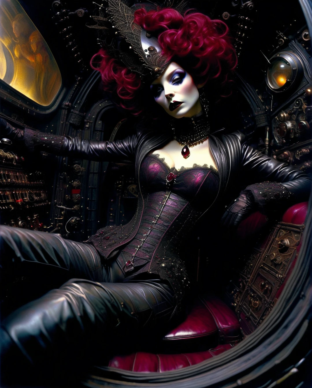 Masterpiece, photorealistic, highly detailed,((mature)) gothic lying ((in a ruby goth cockpit)), (lying on a baroque pilot cockpit), ((gothic control panels everywhere)), (headgear), ((mature)), ruby cockpit, ((vampiric cockpit)), iridescent pilot bodysuit, lace accesories, ((serious tone)), elegant, futuristic, vampiric, full body view from above, action pose, (fisheye), [close up], dark place, dramatic lighting, intricate control panel details, steaming, 1990s (style),  artwork inspired by Brian Froud and Carne Griffiths and Wadim Kashin, intricate details, oil
