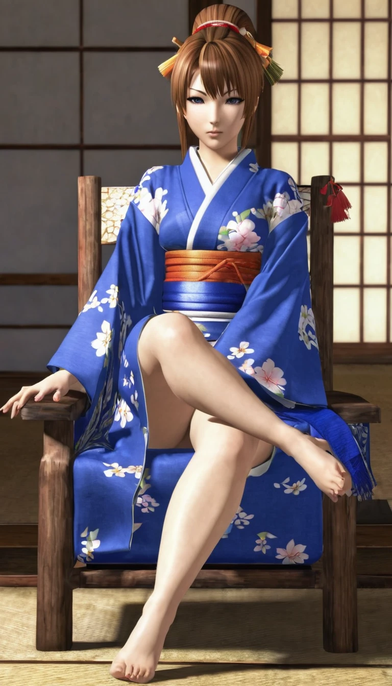 score_9, score_8_up, score_7_up, kasumi from dead or alive, blue kimono, sit in chair, crossed legs