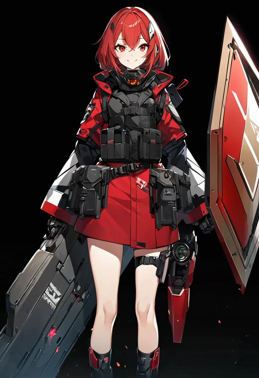 Anime-style woman in black and red outfit holding large shield, Cyberpunk Anime Girl Mecha, Wearing technical clothing, Amazing anime 8k, From Girls Frontline, Mechanized Soldier Girl, Special Assault Team, special forces, M4 Sopmod II Girls Frontline, Official character art, Kashert Kenz, Kshat Garland, ((short length red hair)), innocent, cute, smiling, ((black background)), ((simple background)), ((holding super large shield)), ((Shield as tall as the owner's height)), ((small chest)), ((black long botoms))