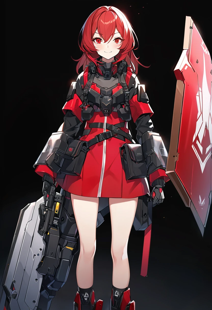 Anime-style woman in black and red outfit holding large shield, Cyberpunk Anime Girl Mecha, Wearing technical clothing, Amazing anime 8k, From Girls Frontline, Mechanized Soldier Girl, Special Assault Team, special forces, M4 Sopmod II Girls Frontline, Official character art, Kashert Kenz, Kshat Garland, ((short length red hair)), innocent, cute, smiling, ((black background)), ((simple background)), ((holding super large shield)), ((Shield as tall as the owner's height)), ((small chest)), ((black long botoms))