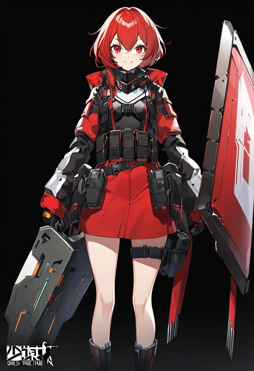 Anime-style woman in black and red outfit holding large shield, Cyberpunk Anime Girl Mecha, Wearing technical clothing, Amazing anime 8k, From Girls Frontline, Mechanized Soldier Girl, Special Assault Team, special forces, M4 Sopmod II Girls Frontline, Official character art, Kashert Kenz, Kshat Garland, ((short length red hair)), innocent, cute, smiling, ((black background)), ((simple background)), ((holding super large shield)), ((Shield as tall as the owner's height)), ((small chest)), ((black long botoms))