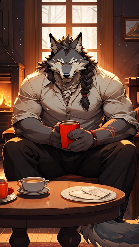 (masterpiece), (photorealistic:1.4), (1boy), (detailed face:1.2), (wolf male:1.5), (old), (aged), (retired), (muscular build), (gray fur:1.3), (long white beard), (long white braided hair), (loose shirt), (sitting), (resting), (calm expression), (peaceful eyes), (many scars), (scar on face), (scar on body), (indoors), (warm atmosphere), (cold northern region), (room), (chair), (table), (cup), (fireplace), (fire), (window), (snow outside), (winter), (night), (dim lighting), (cinematic lighting)