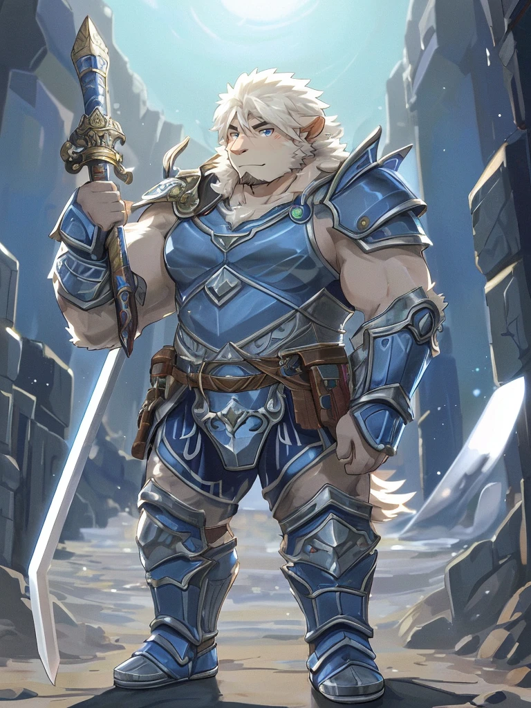 (((a furry sheep))), white fur, (((shoulder long silky hair))), (((handsome, slim fit, small face, ikemen))), paladin, (((white sheep))), ((dark blue armor)), full body, tall, smooth hair, sword and shield, mature, dad, dilf, single dad,