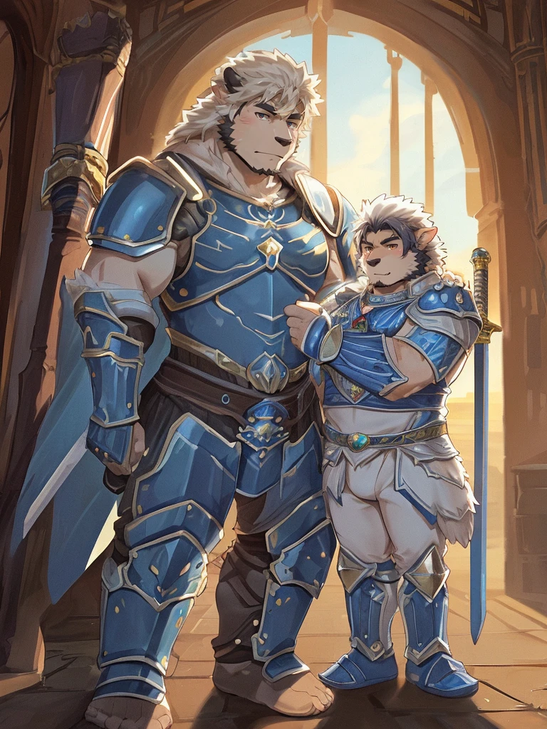 (((a furry sheep))), white fur, (((shoulder long silky hair))), (((handsome, slim fit, small face, ikemen))), paladin, (((white sheep))), ((dark blue armor)), full body, tall, smooth hair, sword and shield, mature, dad, dilf, single dad,