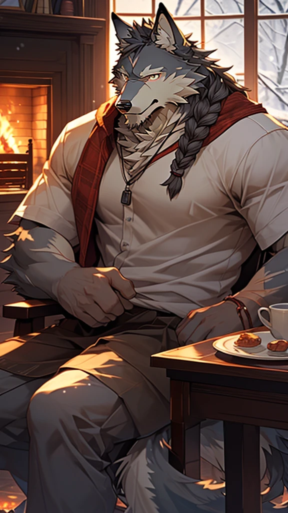 (masterpiece), (photorealistic:1.4), (1boy), (detailed face:1.2), (wolf male:1.5), (old), (aged), (retired), (muscular build), (gray fur:1.3), (long white beard), (long white braided hair), (loose shirt), (sitting), (resting), (calm expression), (peaceful eyes), (many scars), (scar on face), (scar on body), (indoors), (warm atmosphere), (cold northern region), (room), (chair), (table), (cup), (fireplace), (fire), (window), (snow outside), (winter), (night), (dim lighting), (cinematic lighting)