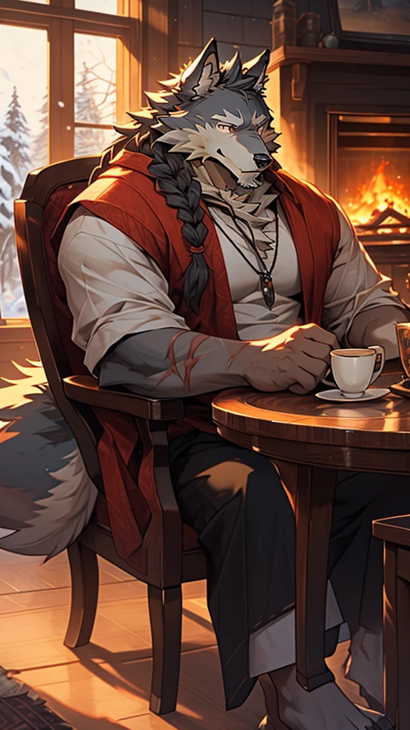 (masterpiece), (photorealistic:1.4), (1boy), (detailed face:1.2), (wolf male:1.5), (old), (aged), (retired), (muscular build), (gray fur:1.3), (long white beard), (long white braided hair), (loose shirt), (sitting), (resting), (calm expression), (peaceful eyes), (many scars), (scar on face), (scar on body), (indoors), (warm atmosphere), (cold northern region), (room), (chair), (table), (cup), (fireplace), (fire), (window), (snow outside), (winter), (night), (dim lighting), (cinematic lighting)
