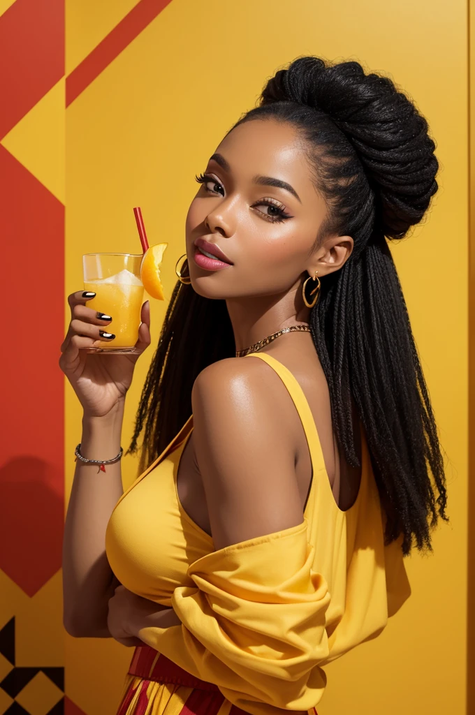 Drink label with, Elegant black woman, Estilo Retrato, holding a glass of drinks in one hand and a mango fruit in the other, soft yellow and red clothes, Geometric background 