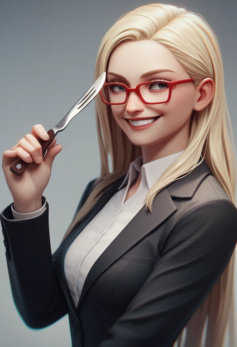 (avatar blonde woman long hair alone smiling), (only the bust), (Black Suit), (Red glasses), (fork in one hand and knife in the other hand), (3d style image).