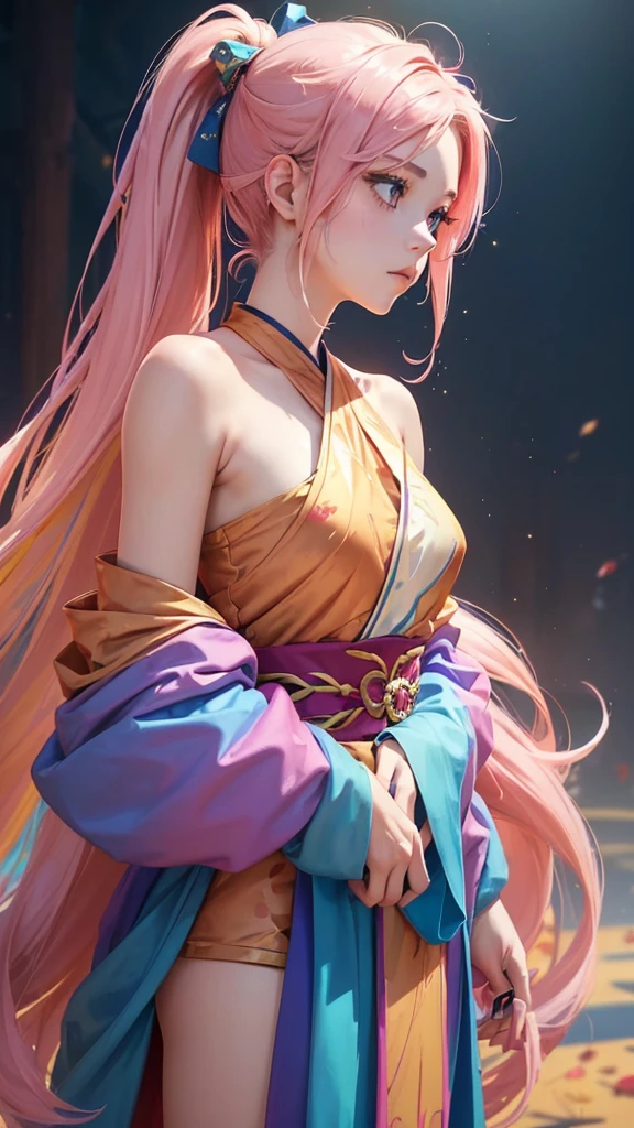 (work of art), (best qualityer), (super verbose), (dirty hair), (illustration), (1 girl) (Long Pink Hair 1.5) (blue colored eyes) (Double ponytail 2.0), ((((No Shoulders))),Hanfu, (Looking at the audience, (interview), (simple background), beautiful and delicate eyes, delicate and beautiful face, soaring (high saturation), (Colorful sheen), Multicolored Bubbles, (sheen), highlight on face, PerfectNwsjMajic, Conservative Clothes, No Shoulders, autumn clothes, facing the masses, perfect figure,