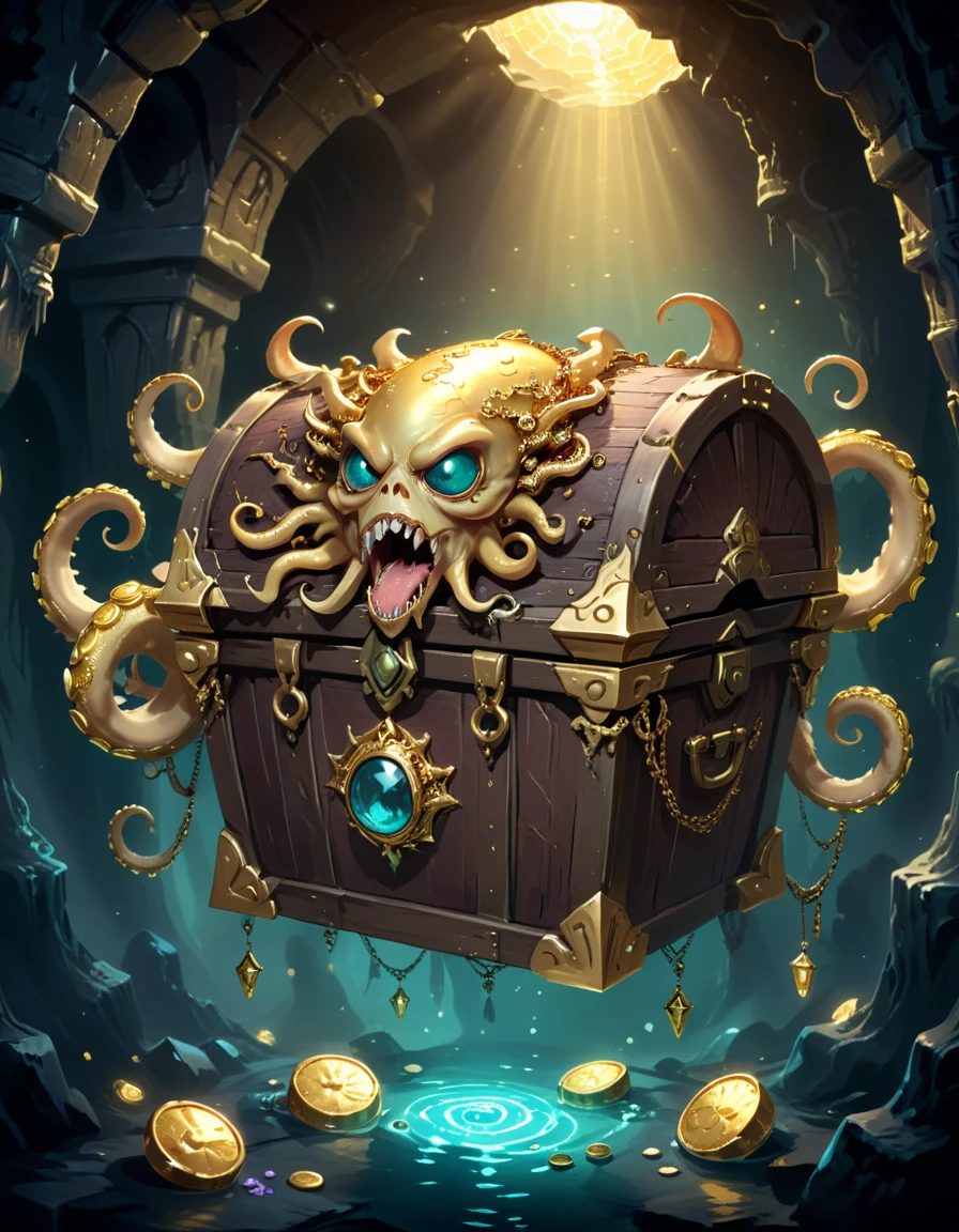 Dungeons,Floating in the air(Monster disguised as a treasure chest), Filled with jewels,1 eyes,One-Eye,Tongue,Tentacles, sharp claws and teeth, Very detailed, Complex design, Gorgeous gold embellishment, ,Ominous Presence, fantasy, Dark gloomy lights, Composition, Dramatic shadows, Rich colors, number, Concept Art, The award-winning,Luminescence example,Ray Tracing,Scattered gold coins