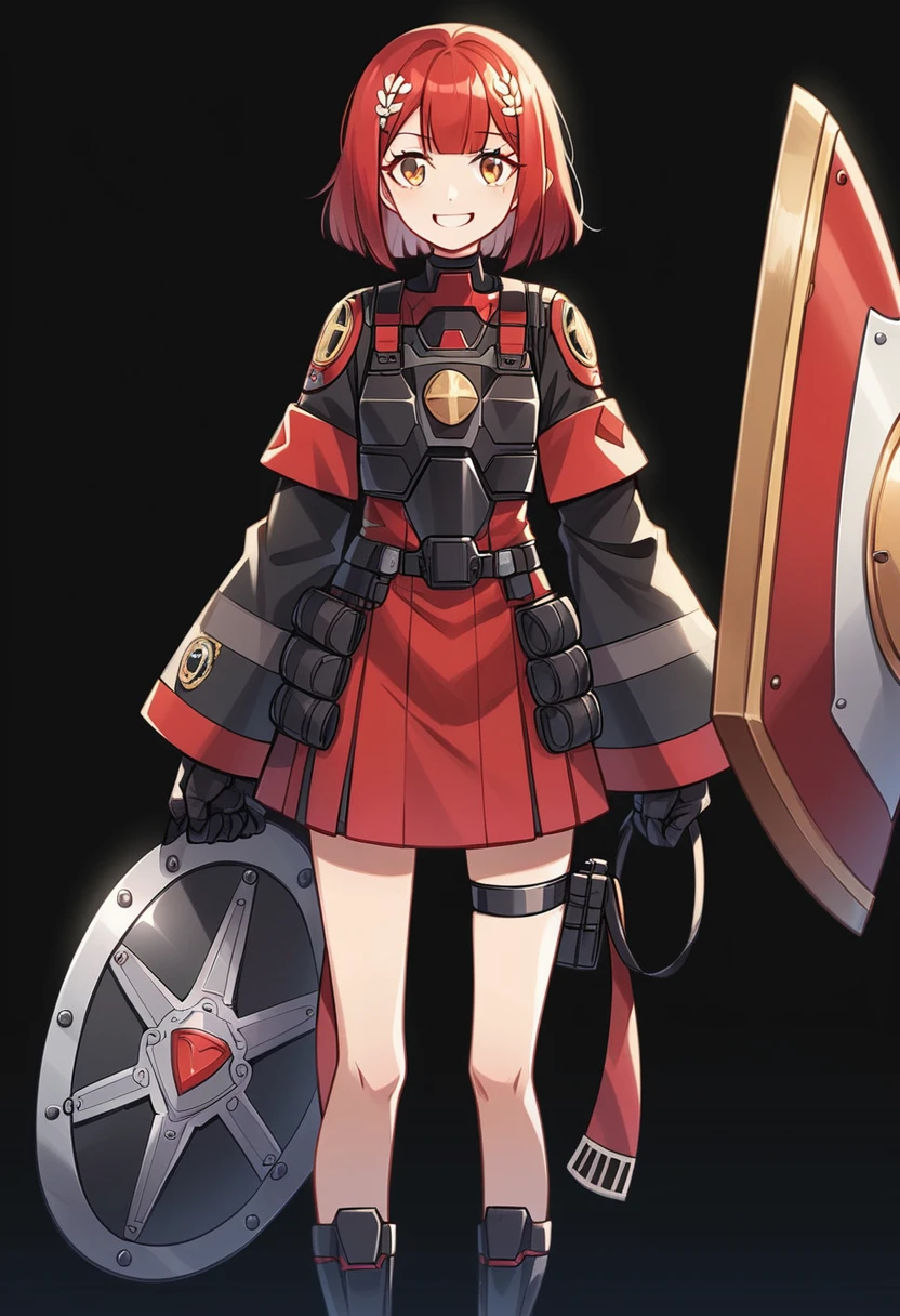 Anime-style woman in black and red outfit holding large shield, Cyberpunk Anime Girl Mecha, Wearing technical clothing, Amazing anime 8k, From Girls Frontline, Mechanized Soldier Girl, Special Assault Team, special forces, M4 Sopmod II Girls Frontline, Official character art, Kashert Kenz, Kshat Garland, ((short length red hair)), innocent, cute, smiling, ((black background)), ((simple background)), ((holding super large shield)), ((Shield as tall as the owner's height)), ((small chest)), ((black long botoms))