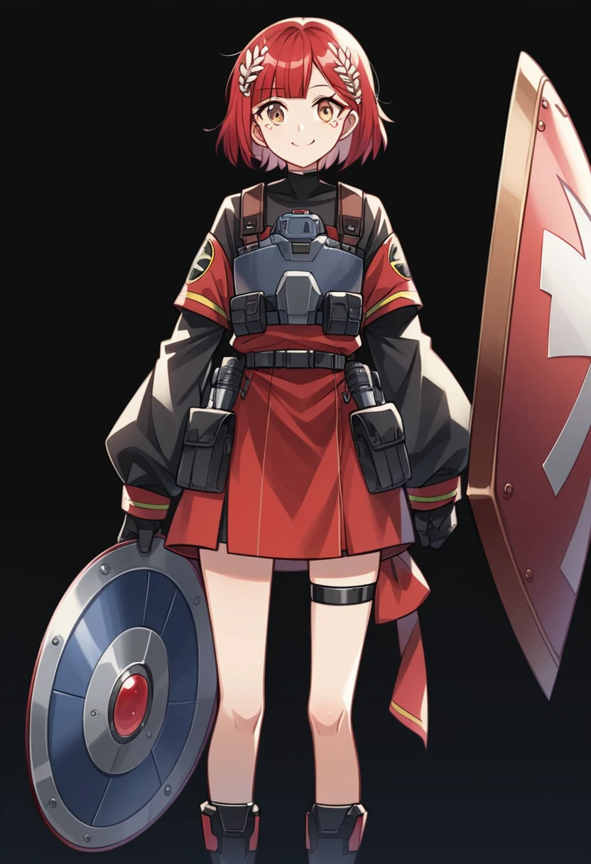 Anime-style woman in black and red outfit holding large shield, Cyberpunk Anime Girl Mecha, Wearing technical clothing, Amazing anime 8k, From Girls Frontline, Mechanized Soldier Girl, Special Assault Team, special forces, M4 Sopmod II Girls Frontline, Official character art, Kashert Kenz, Kshat Garland, ((short length red hair)), innocent, cute, smiling, ((black background)), ((simple background)), ((holding super large shield)), ((Shield as tall as the owner's height)), ((small chest)), ((black long botoms))
