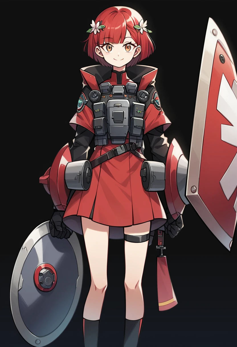 Anime-style woman in black and red outfit holding large shield, Cyberpunk Anime Girl Mecha, Wearing technical clothing, Amazing anime 8k, From Girls Frontline, Mechanized Soldier Girl, Special Assault Team, special forces, M4 Sopmod II Girls Frontline, Official character art, Kashert Kenz, Kshat Garland, ((short length red hair)), innocent, cute, smiling, ((black background)), ((simple background)), ((holding super large shield)), ((Shield as tall as the owner's height)), ((small chest)), ((black long botoms))