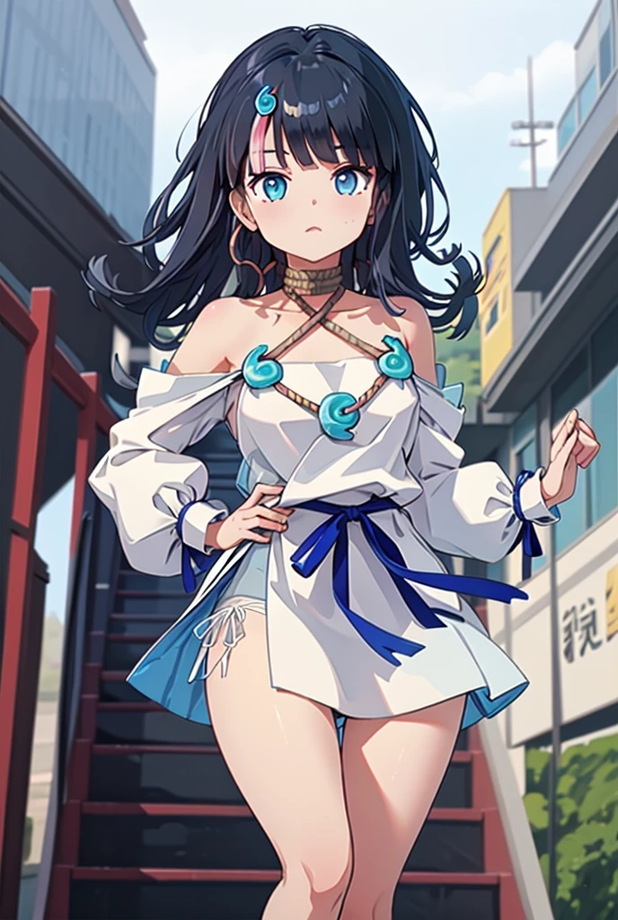 Without skirt、Blue Panties、Panties in full view、(masterpiece, best quality), 1girl, utsumiericeFA,long sleeves, bare shoulders, jewelry, puffy sleeves, necklace, white dress, streaked hair, short dress, blue ribbon, puffy long sleeves,magatama,