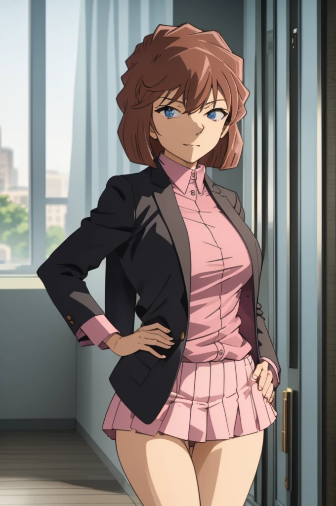 masterpiece,best quality,8k Illustration,Haibara Ai,Aoyama Gangsho style,Flowing hair,Smooth lines,best quality,The finest details,Brown hair blue eyes girl,Actress,Medium shot,The best background,Best quality,The brightest smile,Ultra Detailed,Best Illustration,The best shadow,Solitary,Uniforms, Black jacket,Light pink shirt inside, Black and pink plaid pleated skirt, Black knee socks, Looking at the audience, Put your hands behind your back,Small ,The best costumes,Best starry night,The most beautiful proportion,The best wavy short hair,The most realistic human body structure