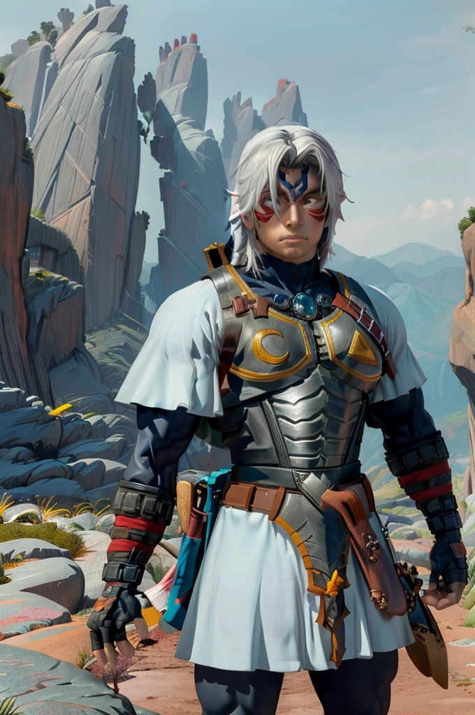 a muscular male figure wearing a white tunic, belt, fingerless gloves, and boots, with a weapon on his back, posing and looking at the viewer from above, surrounded by mountains and rocks, (best quality,4k,8k,highres,masterpiece:1.2),ultra-detailed,(realistic,photorealistic,photo-realistic:1.37),portrait,fantasy,dramatic lighting,cinematic, ((a muscular male figure))