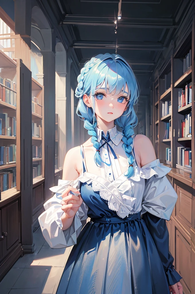 8K, Highest quality, masterpiece, Ultra-detailed、Light blue hair、Medium hair,braids、braids、full lips、Blue Eyes、18Year-old beauty、Portrait、library、Off-the-shoulder knit、skirt、Library、Random facial expressions