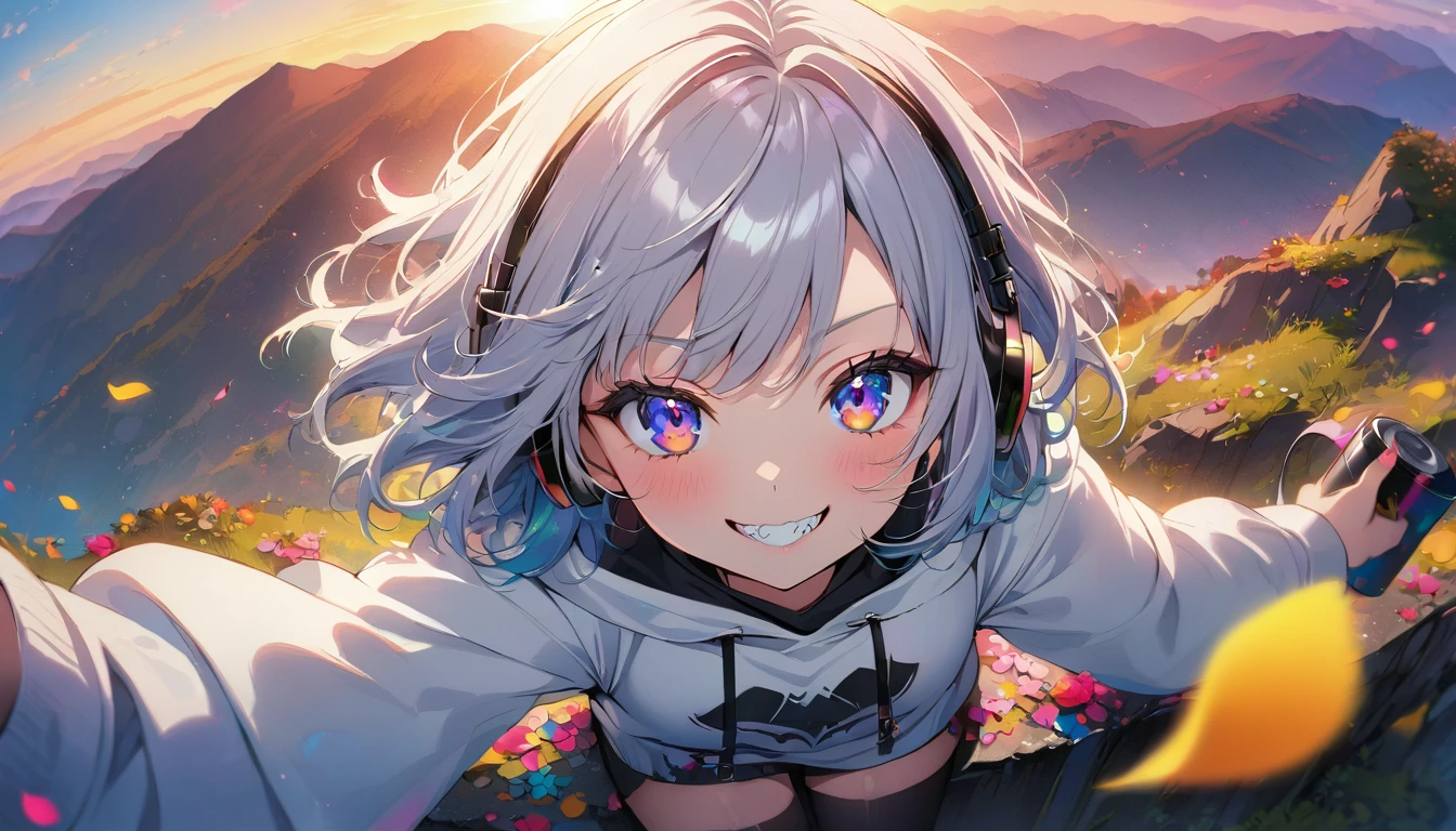 ((Masterpiece)), ((best quality)), (Anime:1.3), (super detail:1.2), (High Definition:1.3), (Professional Photography:1.3),cute young Girl, Glossy unruly hair, (loose swept bangs), (silver ash hair), medium hair, big eyes, (Eye bags:1.3), (Long eyelashes), colorful eyes, (evil smile and blush), Glossy lips, (jagged teeth), ((white hoodie with oversized)), barearms, cute, (Hold the spray can in hand), (colorful:1.3), gothic makeup, (sitting on the edge), colorful petals dance around her, beautiful sunset, Peter Benjamin Graham, a wanderer on a mountain, wearing headphones, full body, (gazing skyward:1.3),(shot from above1.3),